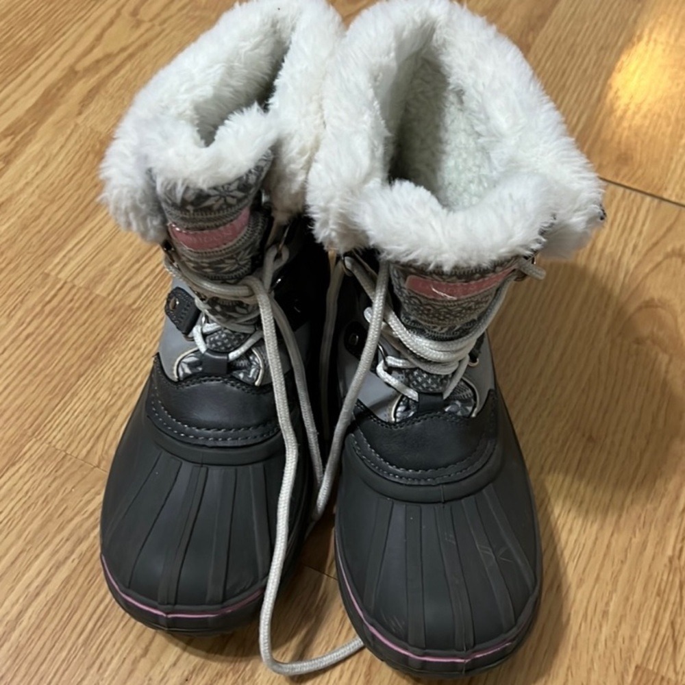 London Fog Girls Gray Black Winter Snow Boots, Faux Fur Trim, Kids